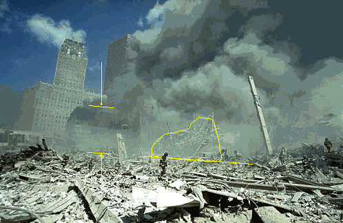Det här är vad som återstod av WTC 1. Brandmannen i mitten går i markplan, i gult bakom är markerat det som fanns kvar av byggnaden. Till vänster WTC 6 som jämförelse. Bilden är tagen mitt på dagen 010911. Ser det ut som resterna efter en byggnad 415 meter hög, 110 våningar, 4000 kvm i varje plan och med en vikt på 500 000 ton? Om byggnaden ”tagits ner” med thermite hade brandmannen kunnat gå där så kort tid efteråt? Naturligtvis inte, han hade grillats på ett ögonblick av den hetta som funnits kvar.