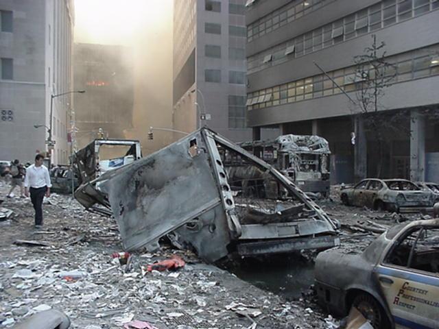 cars near WTC-7 before it came down, WTC-5 on fire