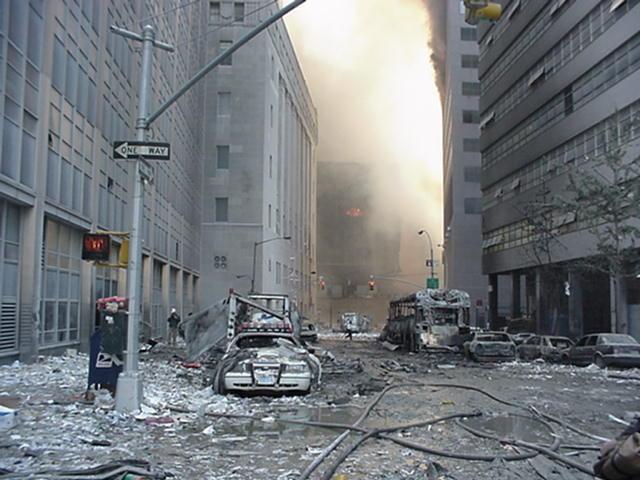 cars near WTC-7 before it came down, WTC-5 on fire