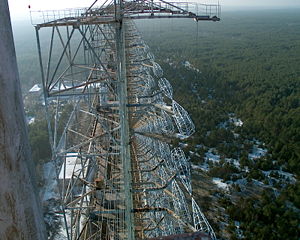 Duga-3 array outside Chernobyl. The array of pairs of cylindrical/conical cages on the right are the driven elements, fed at the facing points with a form of ladder line suspended from stand-off platforms at top right. A backplane reflector of small wires can just be seen left of center, most clearly at the bottom of the image.