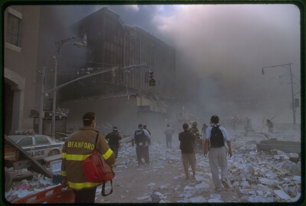 looking across the Vesey Street intersection at the remains of WTC6.
